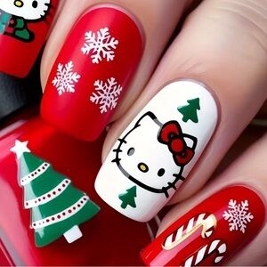 24 Piece Hello Kitty Holiday Festive Nail Art - Red, White, and Green